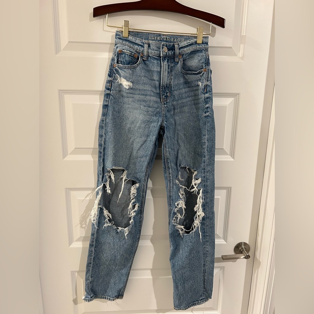 American Eagle Strigid Highest Rise Baggy Straight Jeans Blue 000 Short